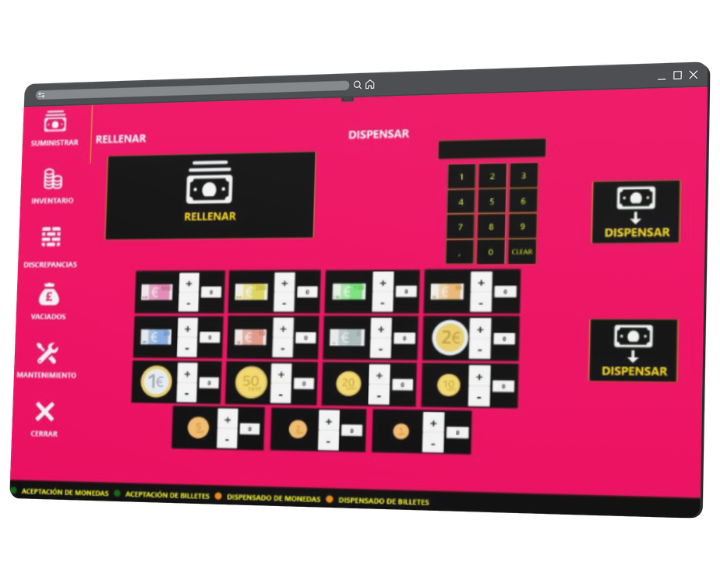 Pantalla de reposición y dispensación de efectivo en ImaPlay