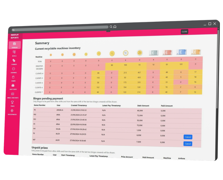 Resumen de efectivo disponible en máquinas y pagos pendientes en ImaPlay