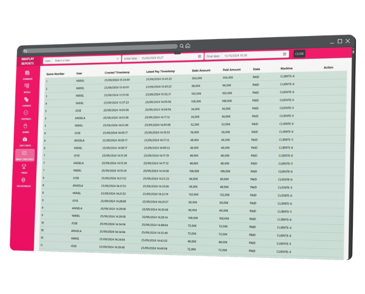 Pantalla de reportes y seguimiento operativo en ImaPlay
