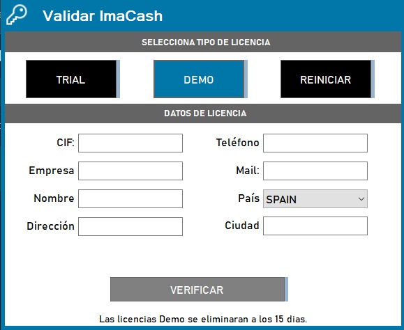 Selección del modo Demo en ImaCash