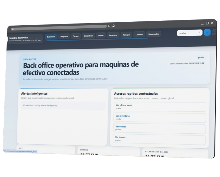 BackOffice de ImaCash con recaudación, inventario, recargas y vaciados